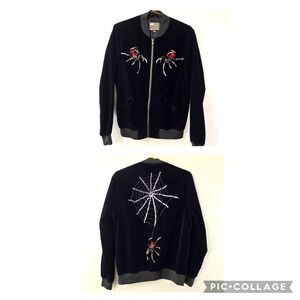 ASOS Spider Bomber Jacket Velour Velvet Sequin Seed Bead Zip Jacket SO RARE Sz S